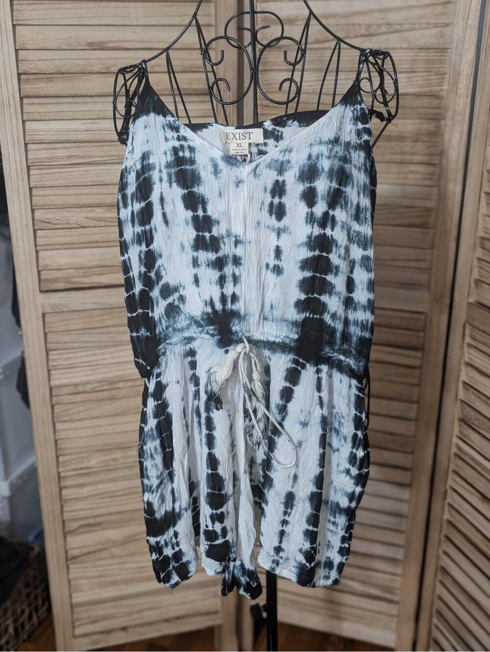 Exist Black White Rayon Tie Dye Maxi Tank Tie Waist Romper XL (Cut Small)